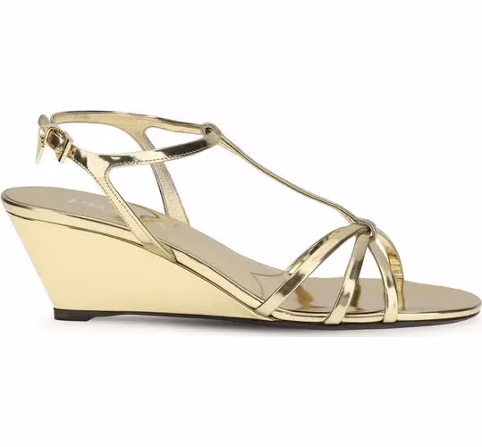 Prada Gold Calf Leather Bos Taurus Wedge Sandals