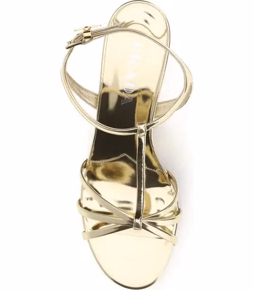 Prada Gold Calf Leather Bos Taurus Wedge Sandals