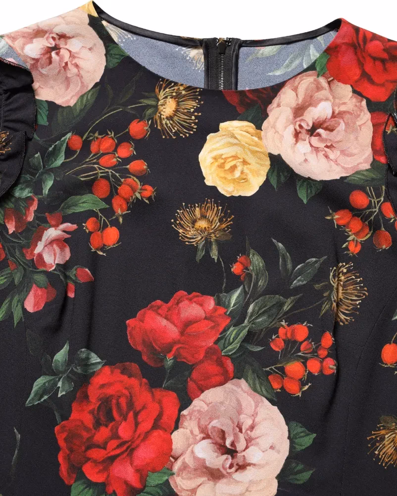 Dolce & Gabbana Black Floral Crepe Frill Detail Blouse Top