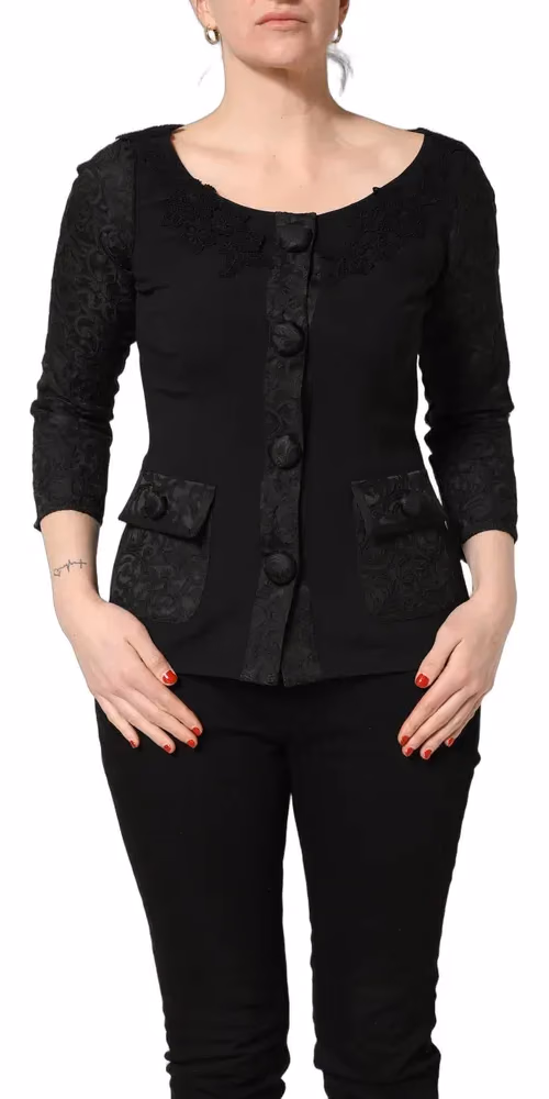 Dolce & Gabbana Dark Gray Button Fastening Lace Trimmed Blazer Jacket