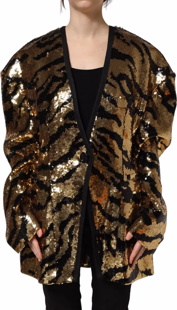 Dolce & Gabbana Black Gold Sequin Tiger Stripe Blazer Jacket