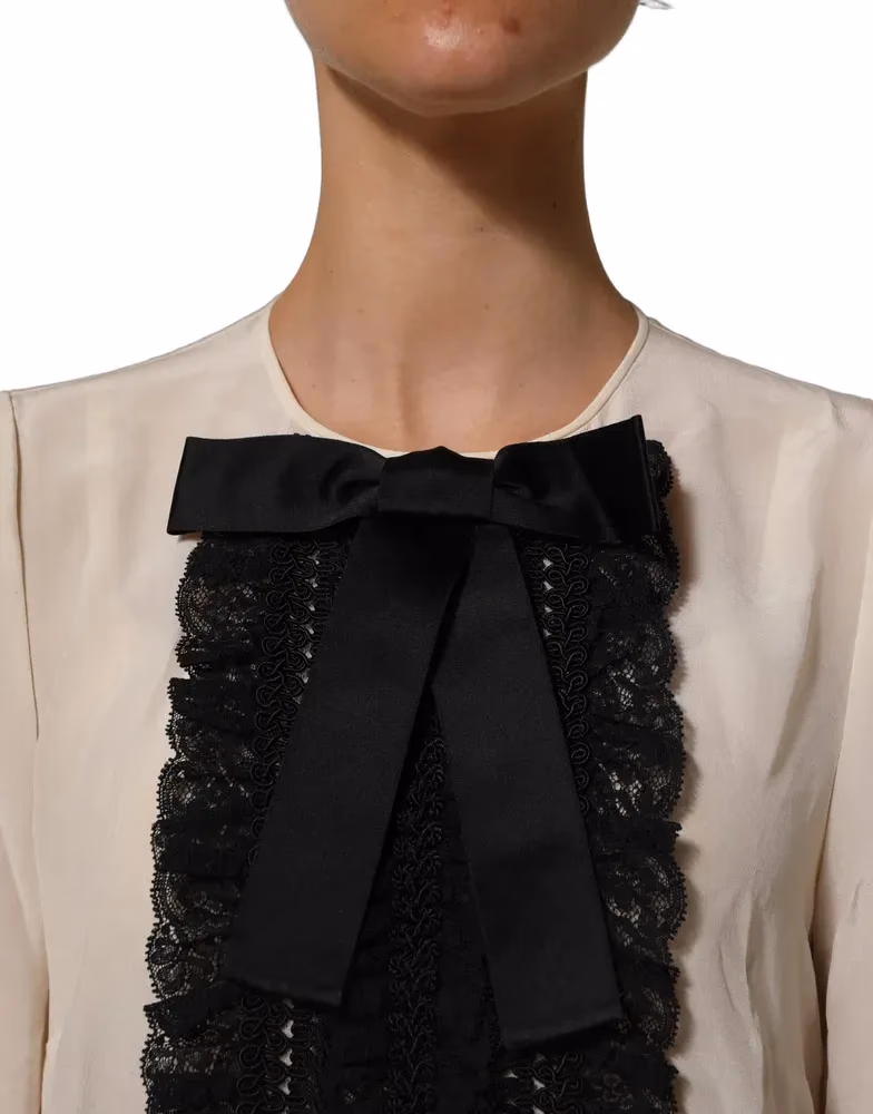 Dolce & Gabbana White Lace Trim Bow Short Sleeves Blouse Top