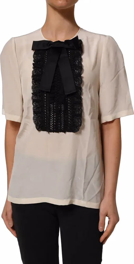 Dolce & Gabbana White Lace Trim Bow Short Sleeves Blouse Top