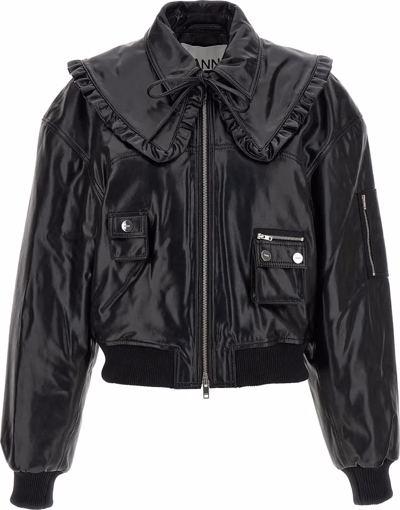 Ganni Black Leather Bomber