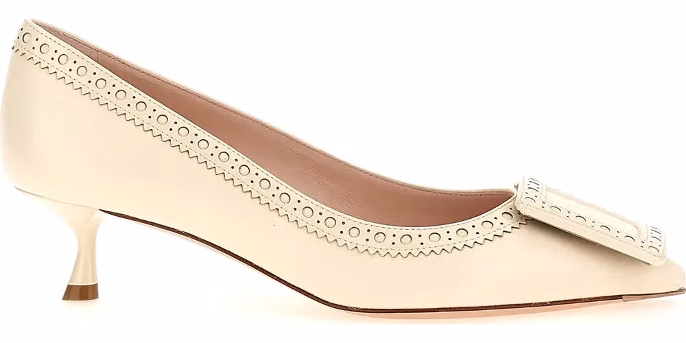 Roger Vivier White Lamb Leather Mid Heel Pumps