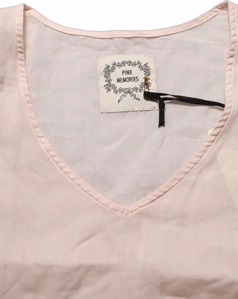 PINK MEMORIES Light Pink Linen V-Neck Long Sleeves Blouse Top