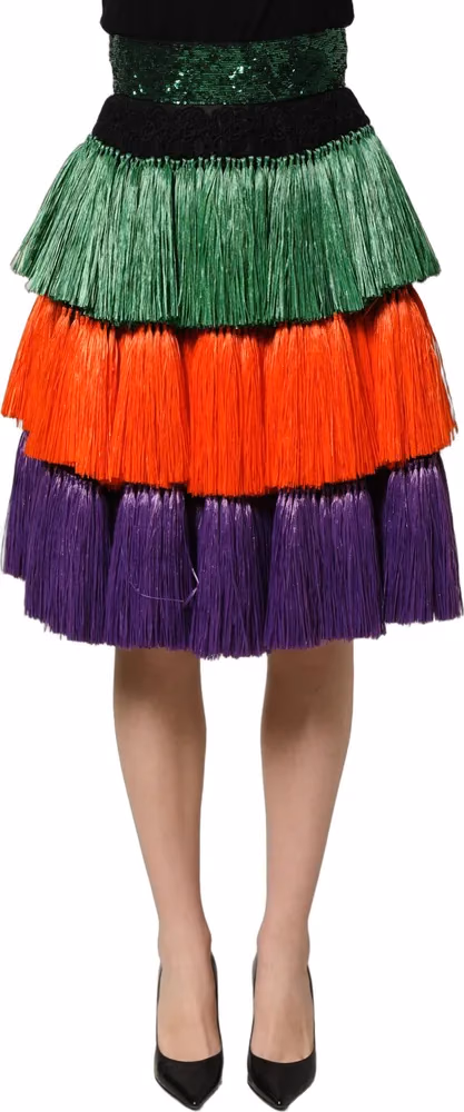 Dolce & Gabbana Multicolor Fringed High Waist Knee Length Skirt