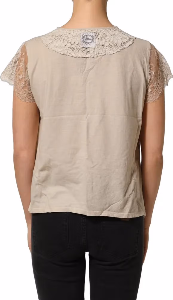 PINK MEMORIES Beige Cotton Lace Detailing Round Neck Top