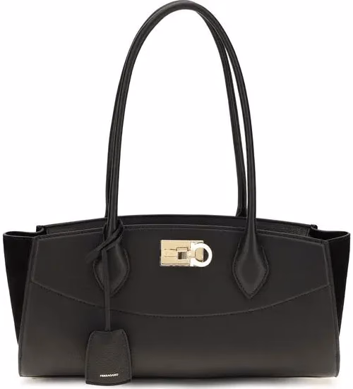 Ferragamo Black Calf Leather Bos Taurus Shoulder Bag