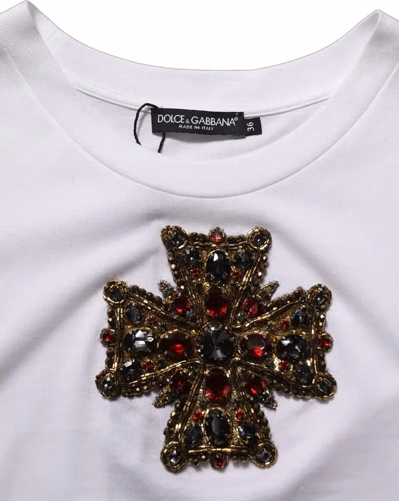 Dolce & Gabbana White Crystal Embellished Cross Top T-shirt