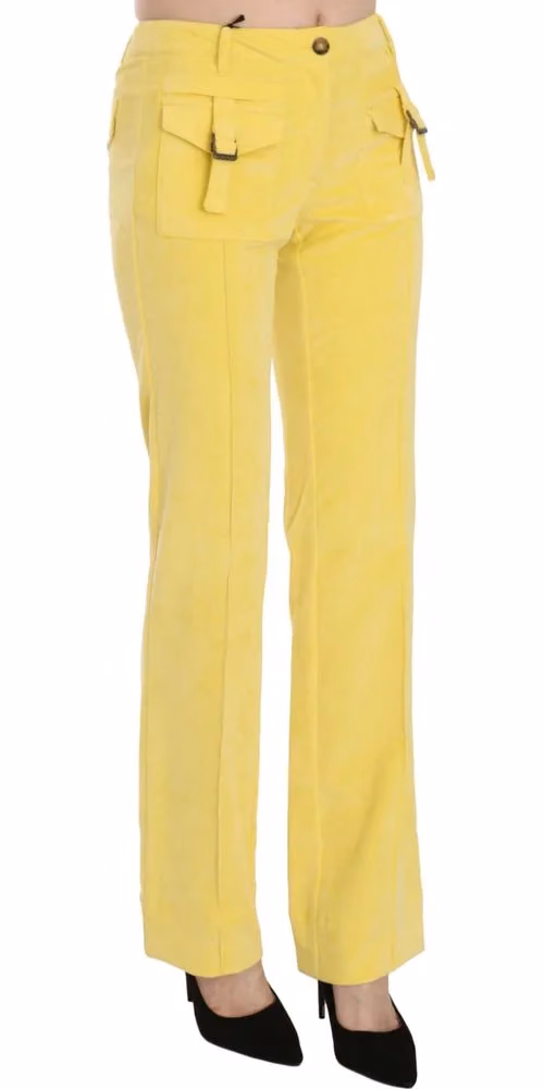 Just Cavalli Yellow Corduroy Mid Waist Straight Trousers Pants