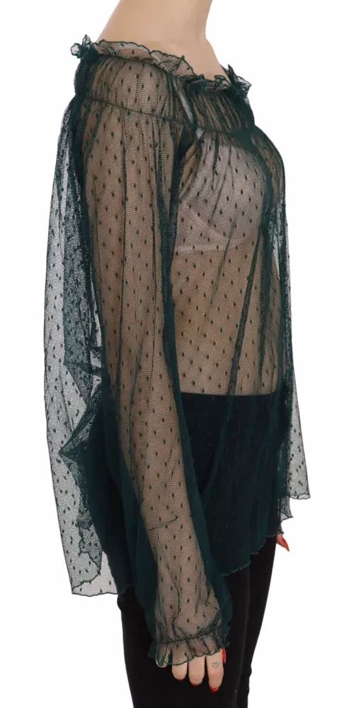 PINK MEMORIES Green Mesh See Through Long Sleeve Top Blouse