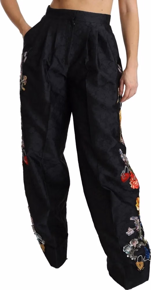 Dolce & Gabbana Black Brocade Floral Sequined Beaded Pants