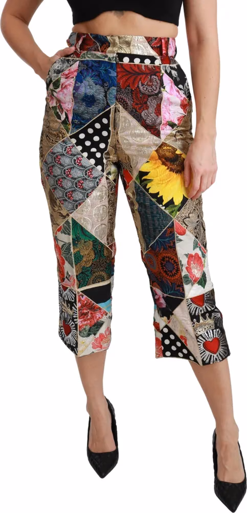 Dolce & Gabbana Silk Multicolor Print High Waist Cropped Pants