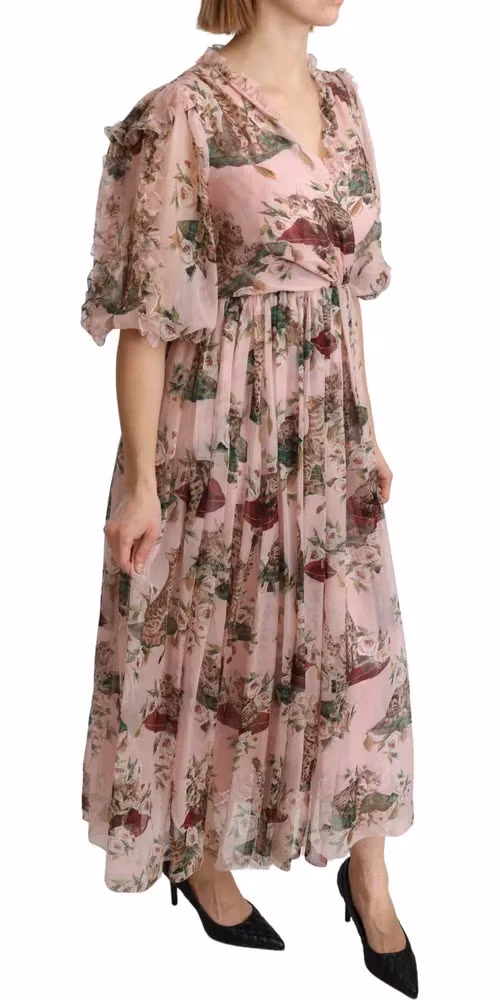 Dolce & Gabbana Pink Bengal Cat Print A-line Maxi Silk  Dress