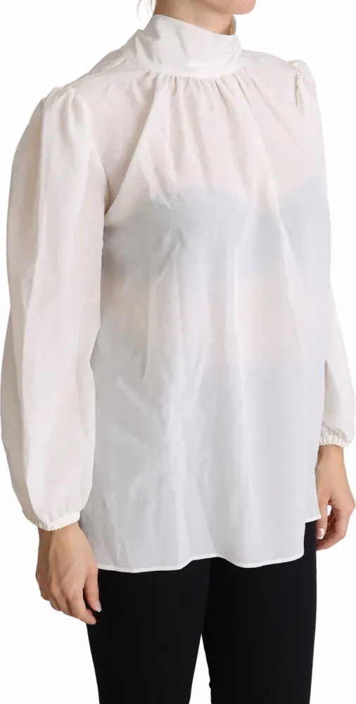 Dolce & Gabbana White Silk Pussy Bow Long Sleeved Top Blouse