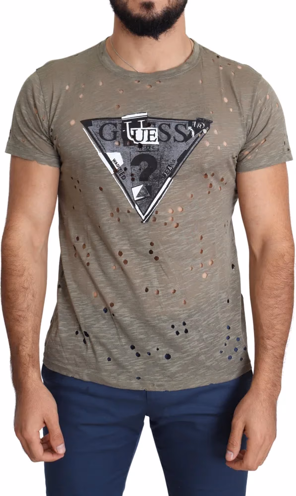 Guess Brown Cotton Stretch Logo Print Men Casual Perforated T-shirt