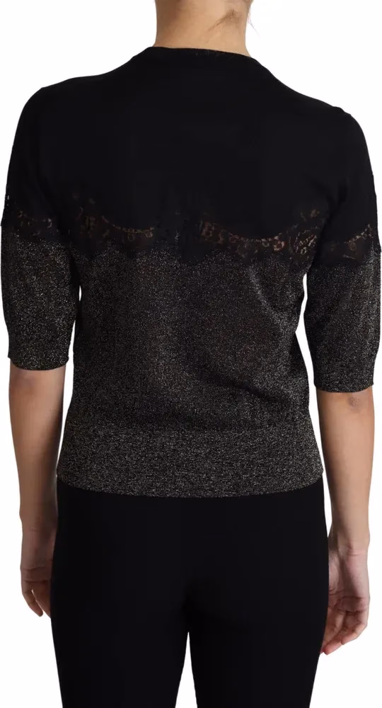 Dolce & Gabbana Black Shiny Lurex Lace Insert Pullover Top