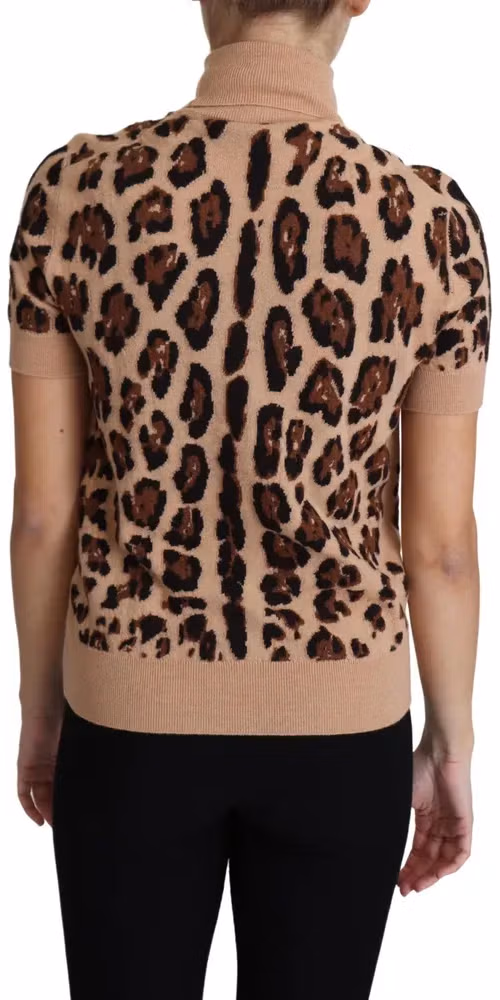 Dolce & Gabbana Beige Leopard Print Virgin Wool Turtleneck Top