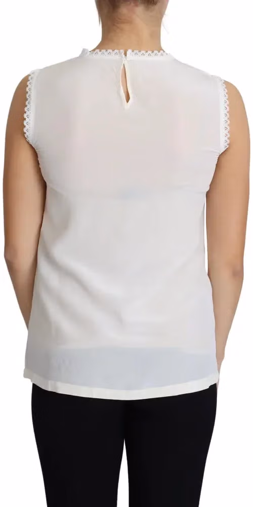 Dolce & Gabbana White Blouse Silk Lace Trimmed Sleeveless Top