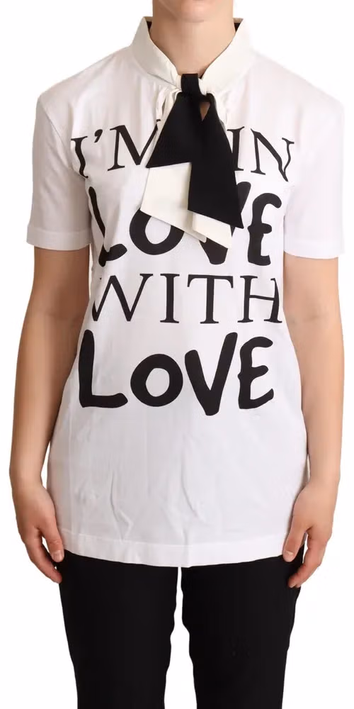 Dolce & Gabbana White Cotton Silk Blend Ascot Collar T-shirt