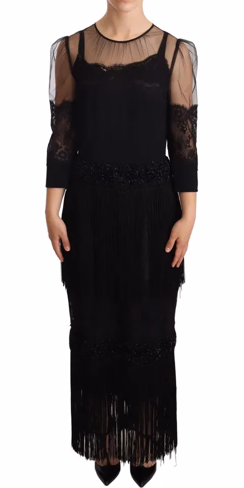 Dolce & Gabbana Black Sheer Floral Lace Crystal Maxi Dress