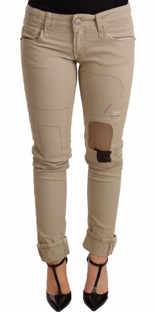 Acht Beige Denim Cotton Bottom Slim Fit Folded Pant