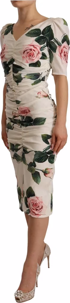 Dolce & Gabbana White Roses Print Stretch Silk Pleated Dress