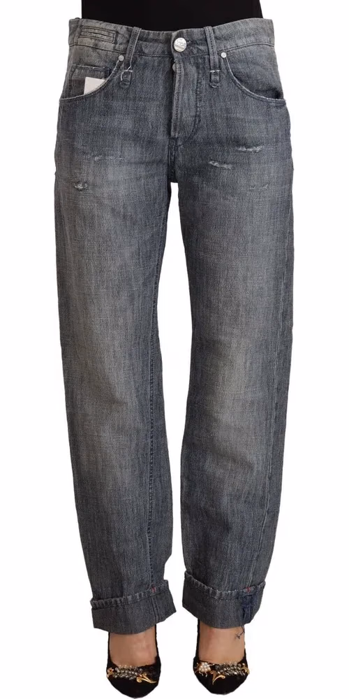 Acht Gray Washed Mid Waist Straight Denim Folded Hem Jeans
