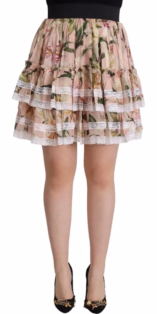 Dolce & Gabbana Pink Lily Print Silk Mini Tiered A-line Skirt