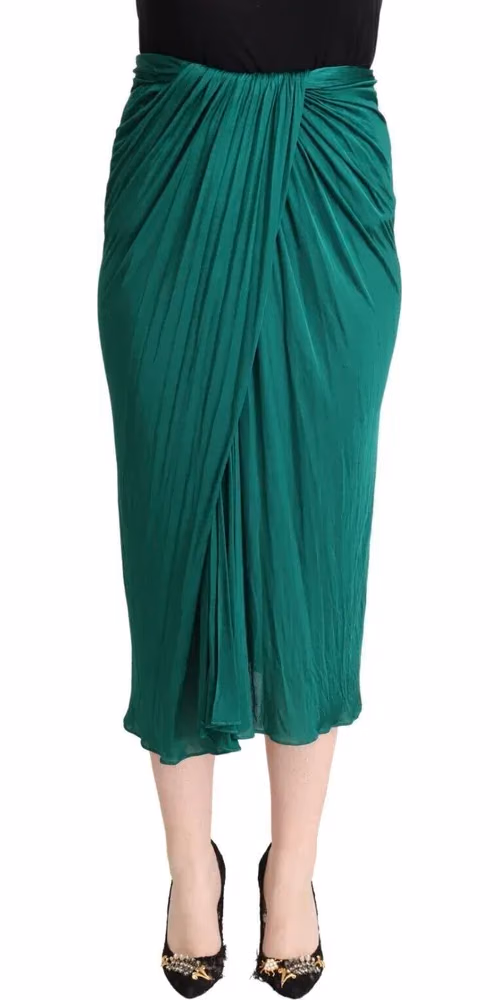 Dolce & Gabbana Dark Green High Waist Midi Pencil Cut Pleated Skirt