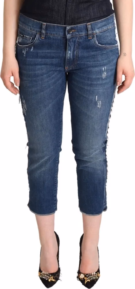 Dolce & Gabbana Blue Washed Mid Waist Denim Logo Cropped Jeans
