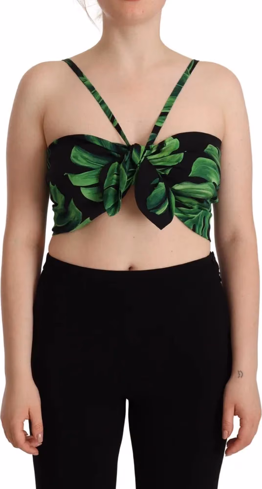 Dolce & Gabbana Black Green Leaf Silk Halter Cropped Top