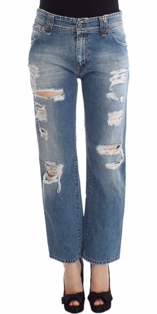 John Galliano Blue Wash Cotton Boyfriend Fit Cropped Jeans