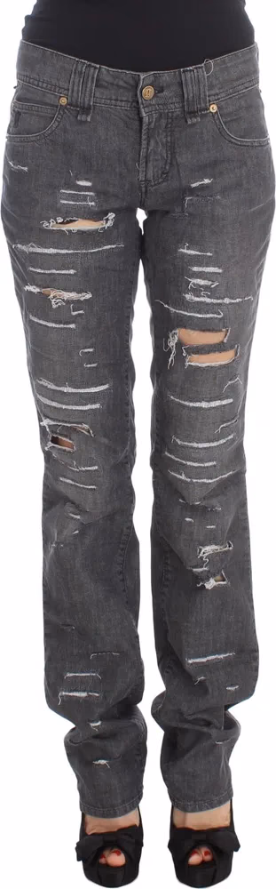 John Galliano Gray Wash Cotton Torn Straight Fit Jeans