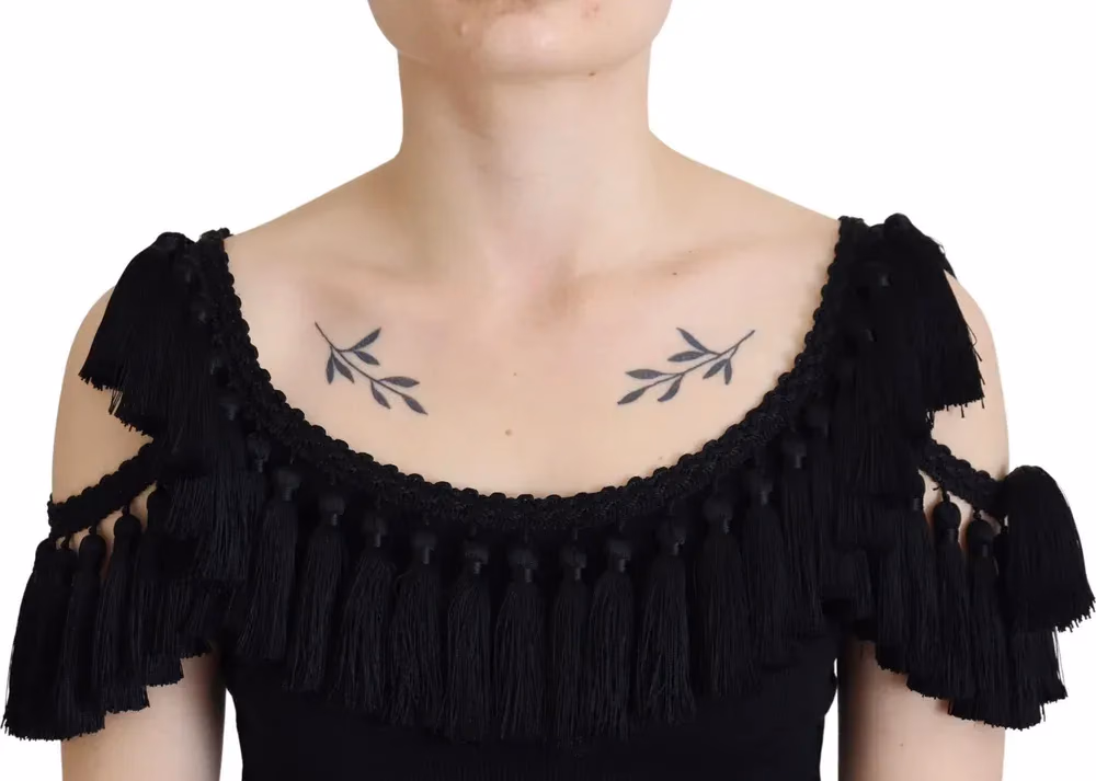 Dolce & Gabbana Black Tank Top Blouse Tassle Cotton Blouse