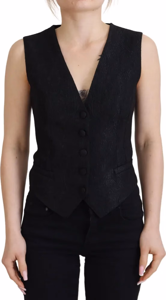 Dolce & Gabbana Black Brocade Button Down Sleeveless Vest Top