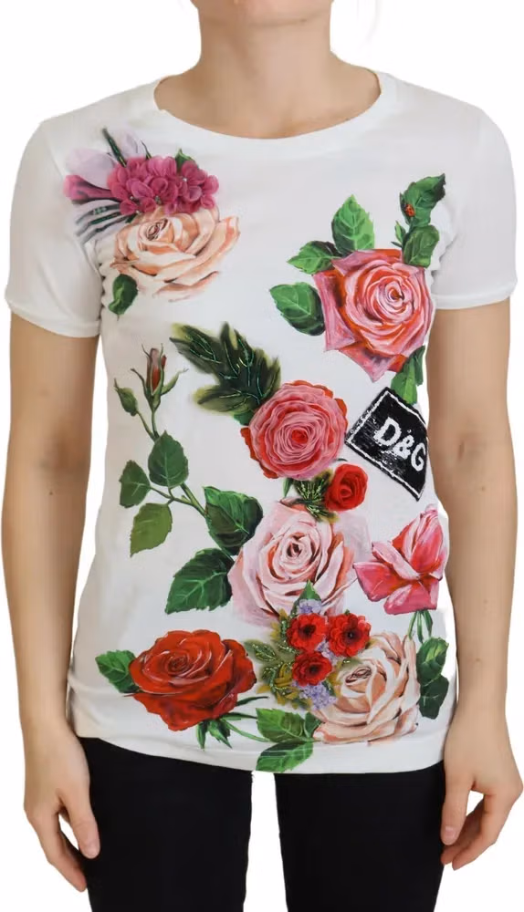 Dolce & Gabbana White Rose DGLogo Printed Short Sleeves Top