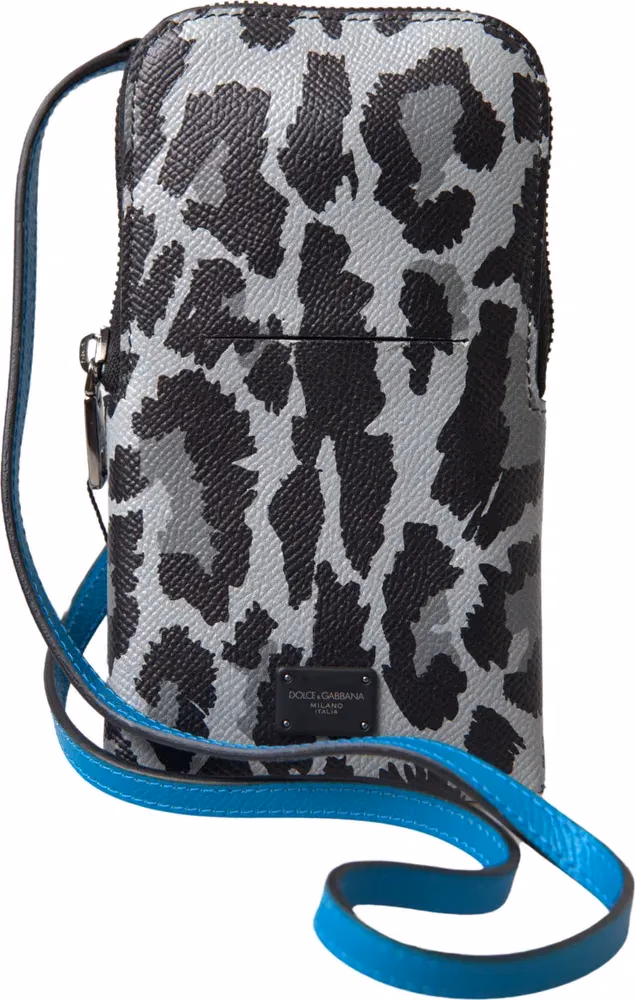 Dolce & Gabbana Gray Leopard Leather Men Purse Crossbody Sling Phone Bag