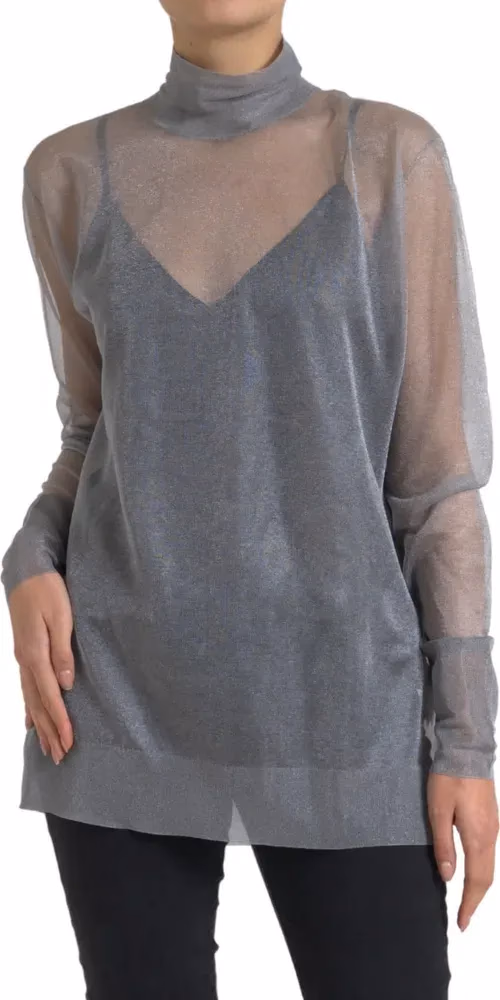 Dolce & Gabbana Gray Mesh Turtleneck Long Sleeve Blouse Top