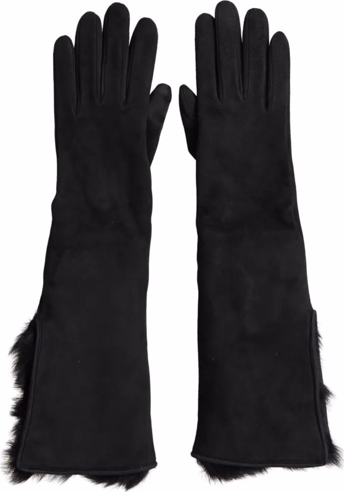 Dolce & Gabbana Black Leather Fur Elbow Length Gloves