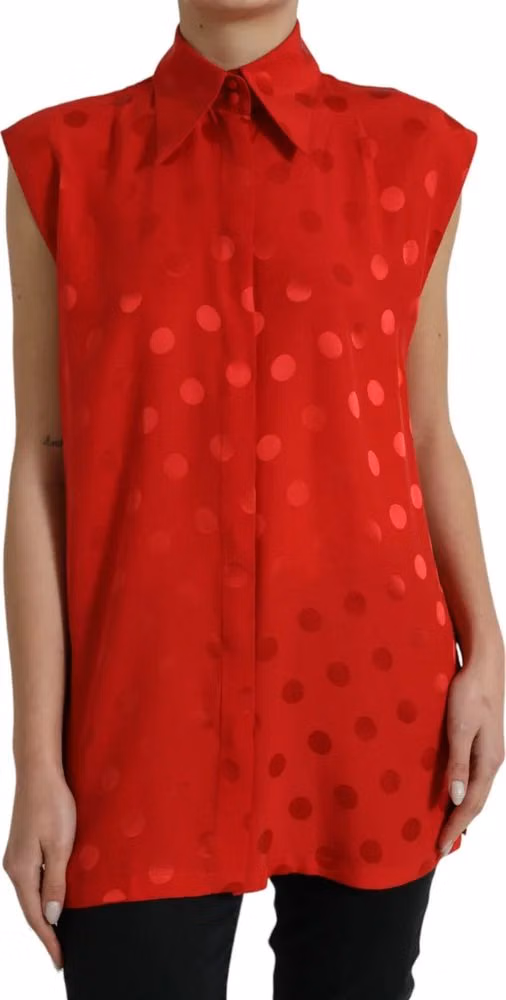 Dolce & Gabbana Red Polka Dot Sleeveless Collared Blouse Top