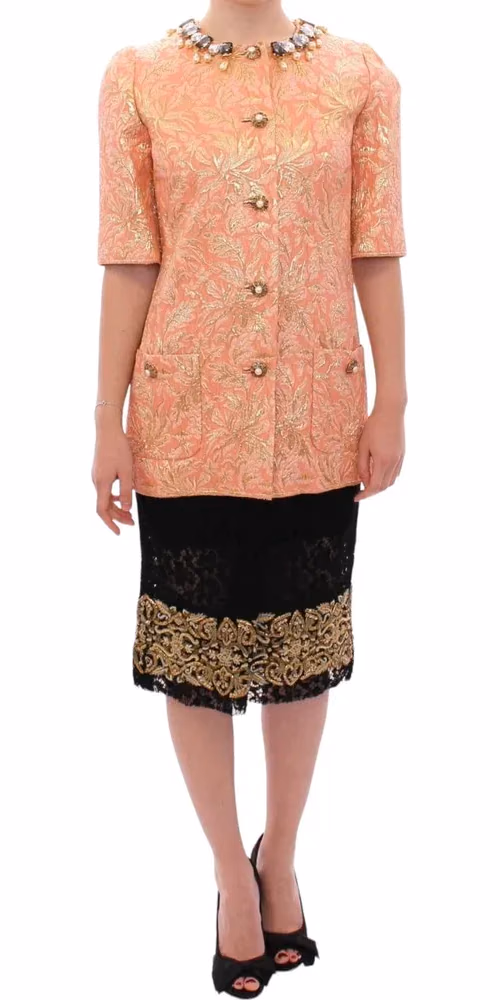 Dolce & Gabbana Pink Silk Brocade Crystal Jacket Coat