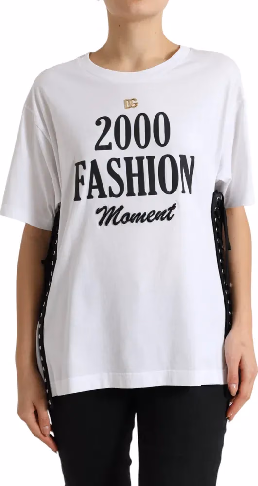 Dolce & Gabbana White Slogan Print Lacing Detailed T-shirt