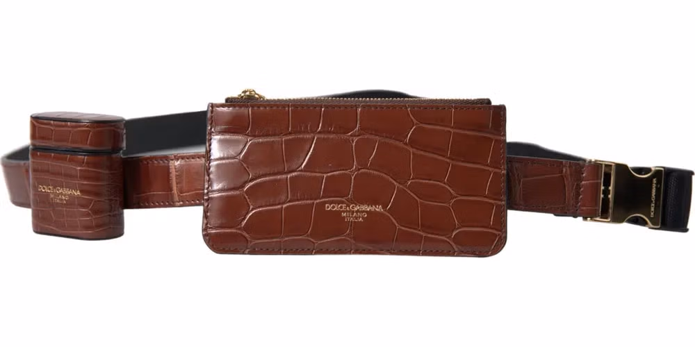 Dolce & Gabbana Brown Alligator Leather Airpods Case Coin Purse Wallet