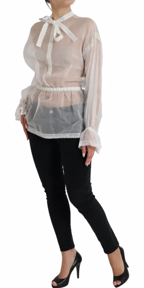 Dolce & Gabbana White Silk Long Sleeves Ascot Collar Top