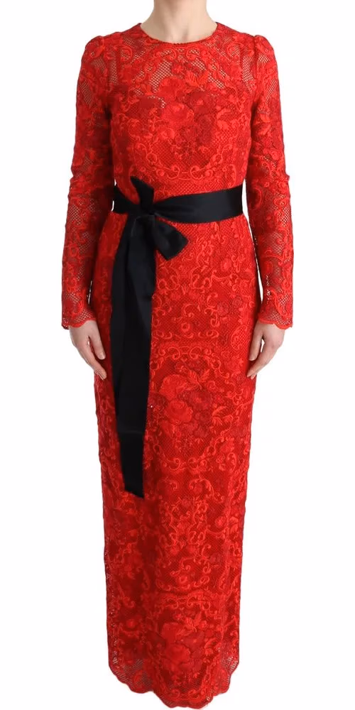 Dolce & Gabbana Red Floral Ricamo Sheath Long Dress