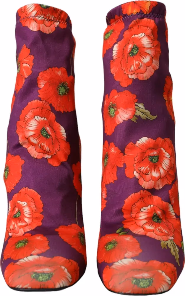 Dolce & Gabbana Purple Floral Jersey Stretch Boots Shoes