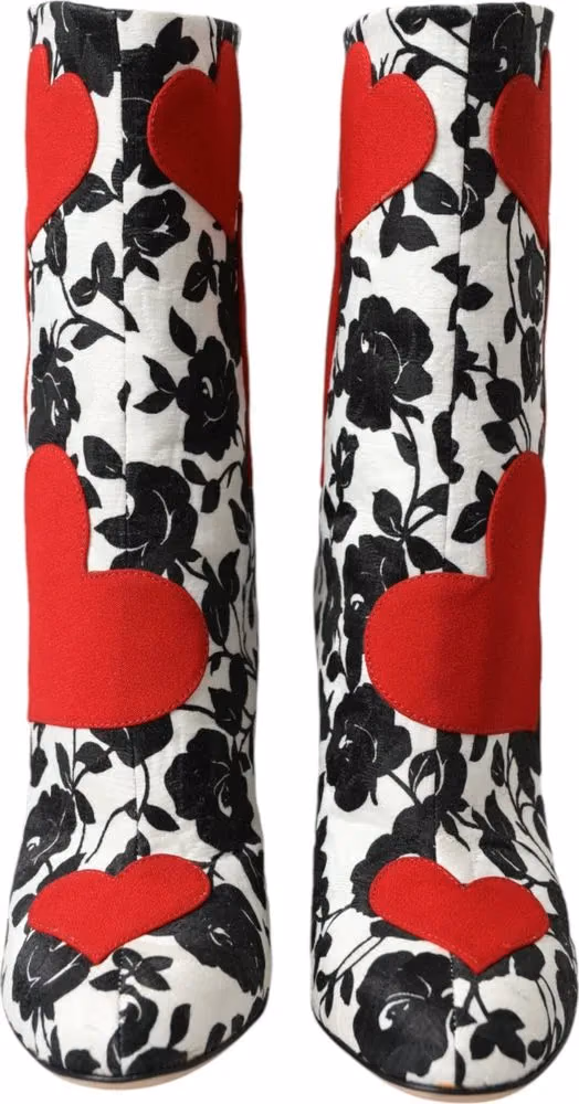 Dolce & Gabbana White Floral Hearts Leather High Boots Shoes