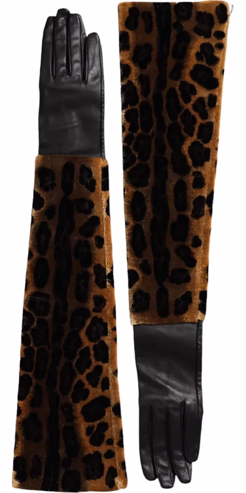Dolce & Gabbana Brown Black Leopard Leather Elbow Length Gloves